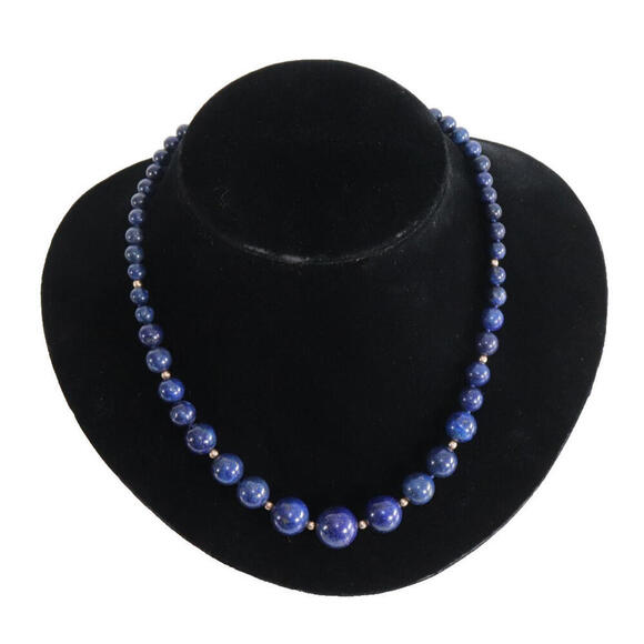 Vintage Lapis Lazuli Bead Necklace 14K Gold Screw Barrel Clasp Blue Gemstone - Picture 9 of 10